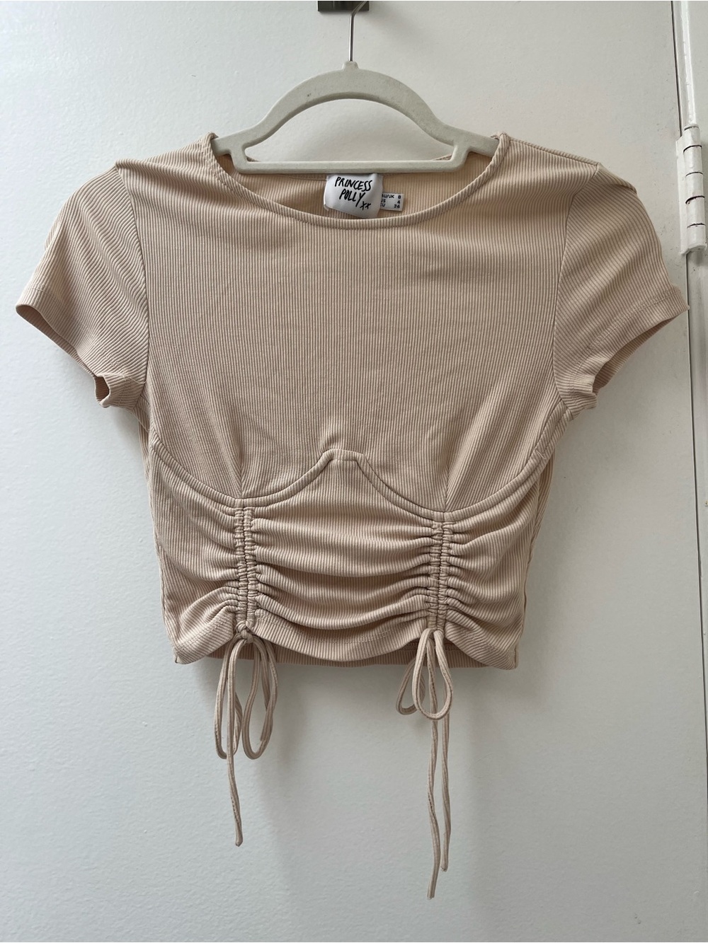 Princess Polly Neutral Beige Ruched Drawstring Crop Top